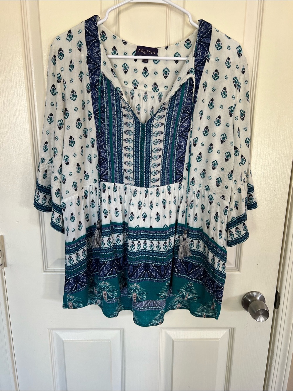 Artesia Boho Peasant Tunic Top Medium Blue Teal Border Print Tassel Tie